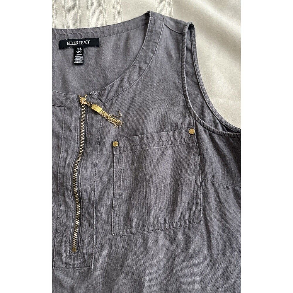 Ellen Tracy 100% Linen Top Size S Gray Gold Zip Tunic Tank - Picture 12 of 14